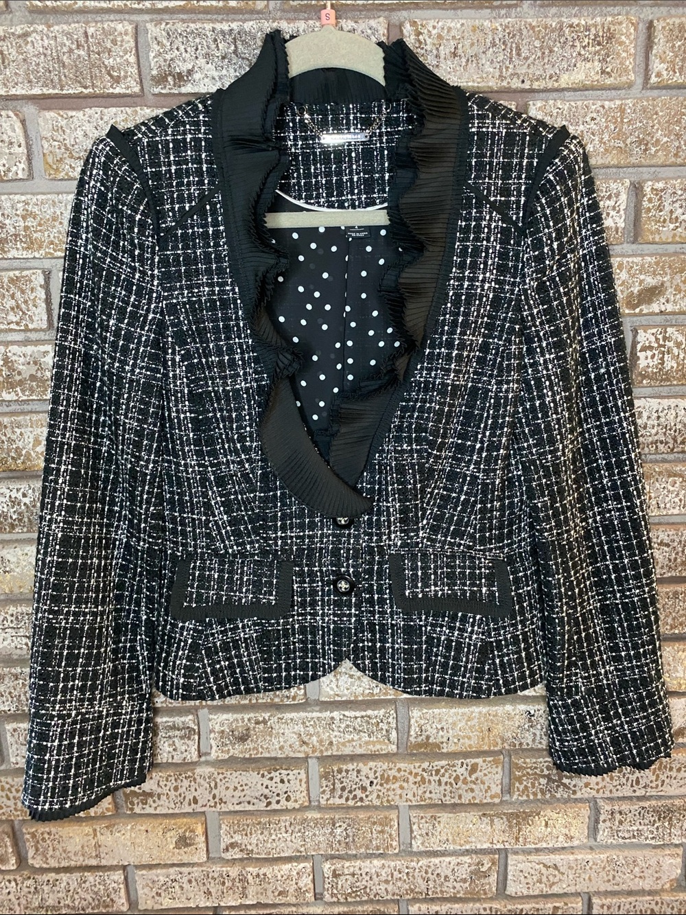 WHBM Black & White Tweed Ruffle-Trim Women's Blazer Jacket